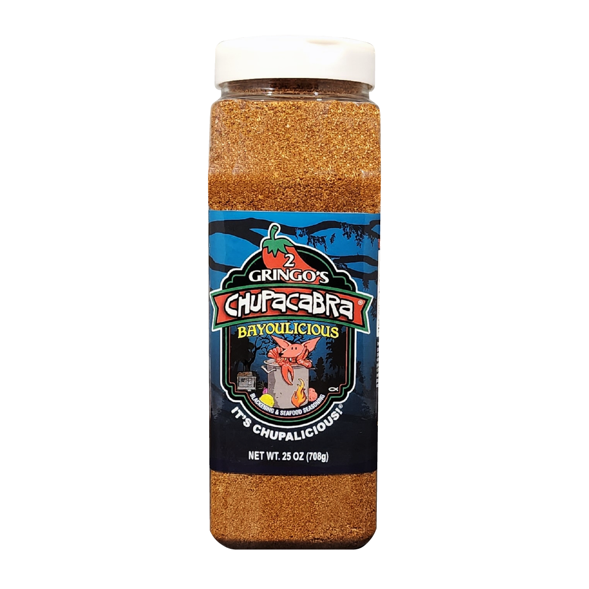 isolated 25 oz bottle of Bayoulicous seasoning