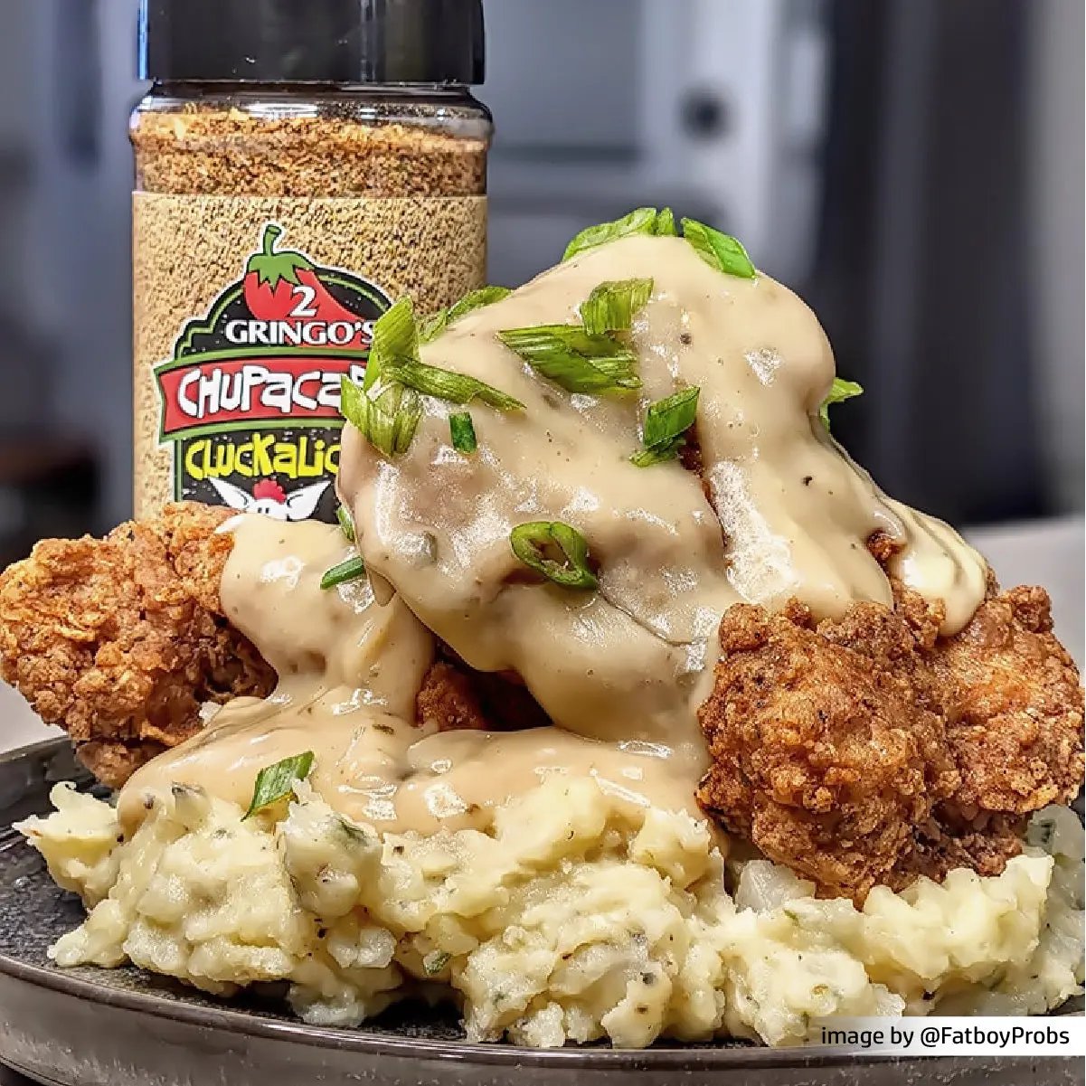12 oz bottle of cluckalicious, fried chicken and mashed potatoes