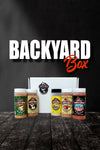 Backyard box with 12 oz bottles of fajita seasoning, cluckalicious, chop haus, steak seasoning and ribnoxious