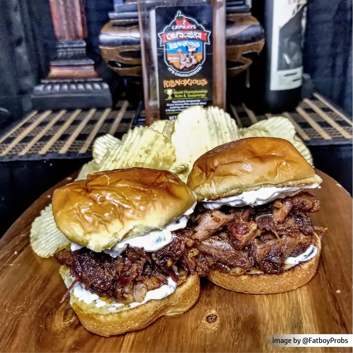 pulled beef sandwich seasoned with ribnoxious on butter bun