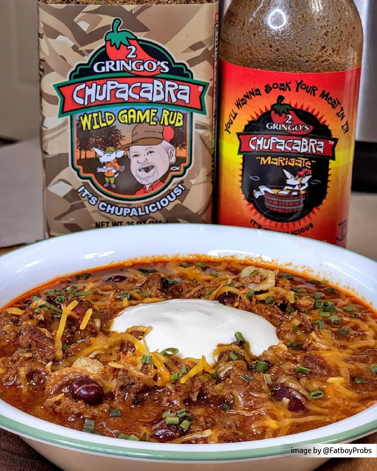 marigate and wild game with a bowl of chili and sour cream