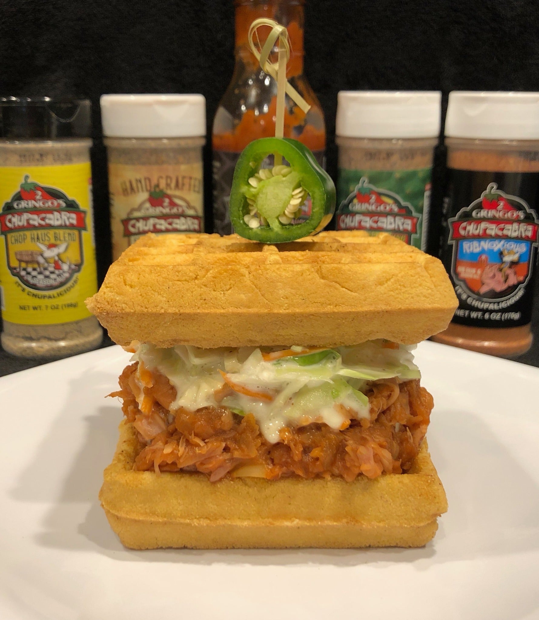 mop-n-sop with spices and chicken salad on waffles