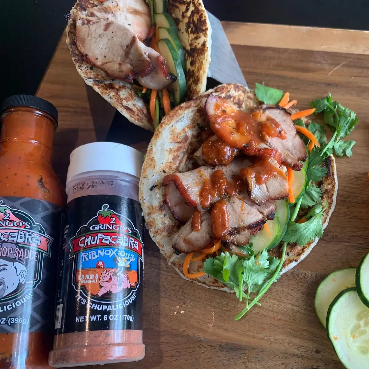 pork tacos with ribnoxious and mop-n-sop sauce