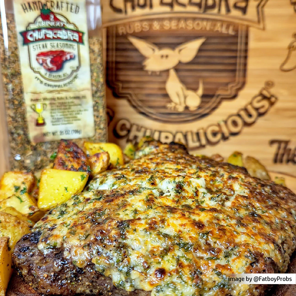 25 oz steak seasoning with steak and topped with cheese